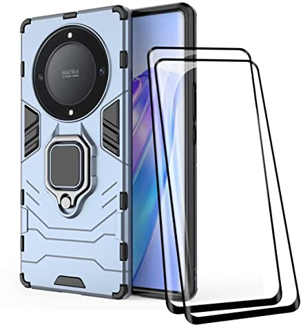 COMAKU Coque Armor pour Honor Magic5 Lite 5G/Magic 5 Lite, Housse TPU+PC Antichoc avec Anneau Béquille [avec 2 Pièces Verre Trempé Ecran Film Protecteur ] - Bleu