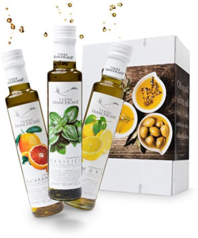 Apropos Geschenk - Extra Natives Olivenöl Dressing - 3er-Probier-Paket - Olivenöl von Terre Francescane verfeinert mit Orange, Zitrone und Basilikum