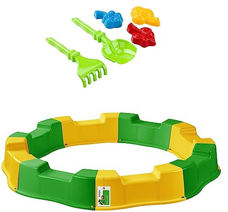 Sandkasten für Kinder mit Spielzeug - 160 x 22 cm - Modularer Sandbox 8 Elemente Runder Sandkiste für Garten Outdoor | Gelb/Grün | Kunststoff