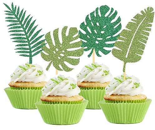 24 Stück Glitzer Tropische Hawaii Cupcake Topper, Aloha Cupcake Topper für Hawaii Aloha Luau Poolparty Sommerparty Dekoration (Tropisches Blatt A)
