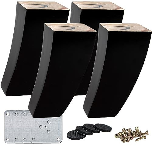 La Vane Lot de 4 pieds de meubles en bois massif noir incurvé avec plaque de montage pour canapé, armoire, fauteuil inclinable - 20 cm