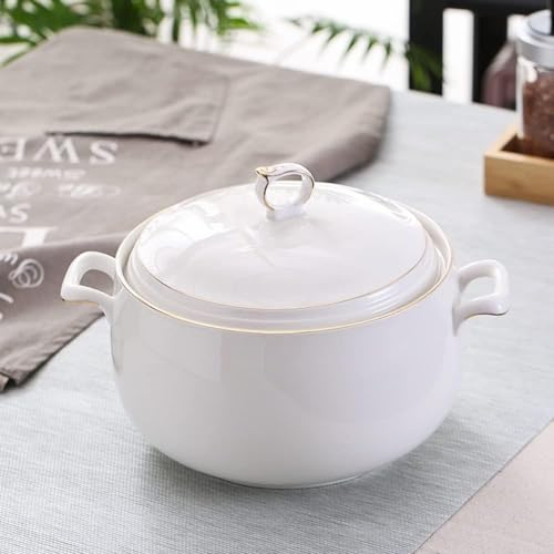 Coperchio con doppio manico Zuppiera in ceramica bianca pura Piatto rotondo in ceramica bianco Casseruola/Vaso di terracotta/Vaso di terracotta/Pentole in ceramica con coperchio bianco resistente al c