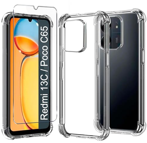 Funda Compatible con Xiaomi Redmi 13C/Poco C65/Redmi 13 C Carcasa con 1Pcs Cristal Templado para Redmi 13C/Poco C65/Redmi 13 C Capa ,Funda Airbag Bumper Cover Transparente Case Silicona gel Caja Caso