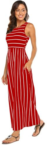 BDTECAOR Lässige Sommerkleider für Die Abschlussfeier Damen Maxikleid mit Taschen Rot S