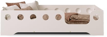 smartwood Kinder Bodenbett 80x160 cm – Kinderbett in Weiß lackiert aus umweltfreundlichem Holz mit Rausfallschutz – Montessori Bett mit wählbarem Einstieg – Max. Belastung 230 kg – TILA 4P