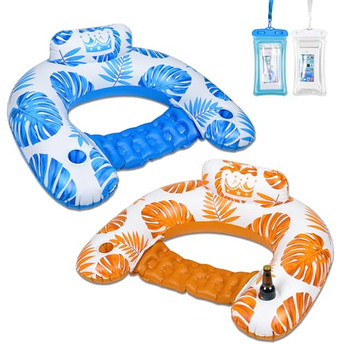 Colchoneta hinchable para piscina con soporte para bebidas, 2 unidades, colchón de aire, hamaca de agua, para adultos, piscina para adultos, colchón de aire, hamaca de agua, 125 x 100 cm (azul y