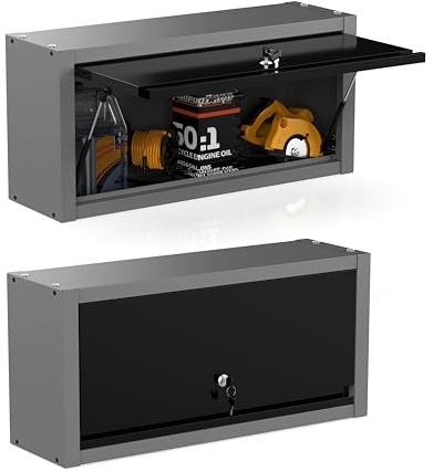 JZD Kleiner Metall-Garagenschrank zur Wandmontage, mit Klapptür, Schwarz und Grau, TC-099