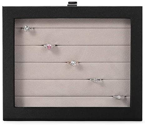 QTANZIQI Joyero de cuero PU con tapa transparente y botones metálicos: bandeja organizadora de joyas con textura cepillada - Caja de anillo negra