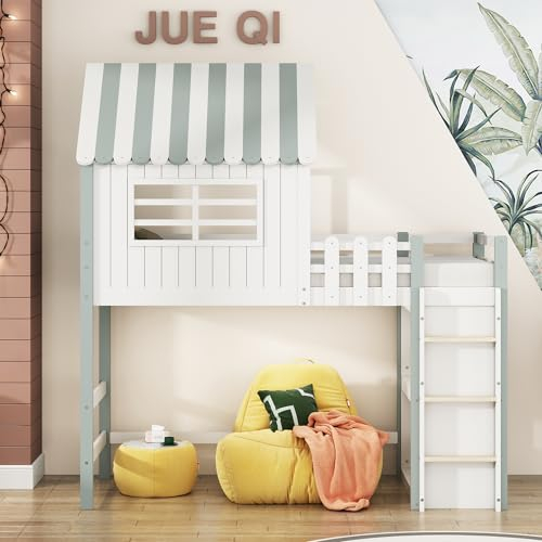 Zelquyx Lit mezzanine, pour enfant, 90 x 200 cm, avec cabane dans les arbres, escalier, lit demi-hauteur avec sommier à lattes, en pin massif (fenêtres, toit + escalier)