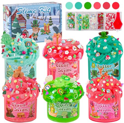 LAWOHO 6er-Pack Schleim-Set in Rot und Grün – Fluffy Wolkenschleim, Butterschleim & Clear Slime, im Dunkeln leuchtende Slime Add-Ins, Slime Set für Mädchen und Jungen, Geburtstag, Halloween, Ostern