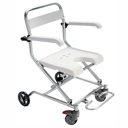 Wheelchair Shower Chair 2 in 1 - Foldable Bath Stool with Arms and Back, Ideal for Elderly & Disabled - Shower Stool on Wheels for Easy Mobility