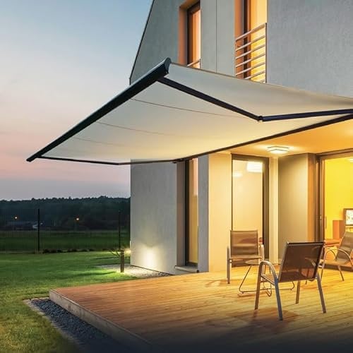 Full Cassette Retractable Electic Awning– Motorised Remote Control, LED Lighting, Weatherproof UV Protection Fabric | Outdoor Patio, Garden, Shop, or Balcony Shade Canopy (White Frame, 6m x 3m)