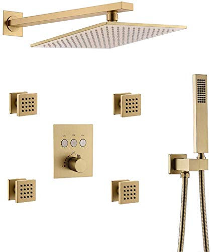 ZJIANHON Avec jets thermostatiques, corps en laiton brossé, finition dorée carrée, 25,4 à 30,5 cm, pommeau de douche mural