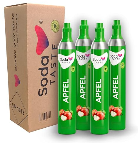 SodaTASTE CO2-Zylinder tauschen 4er-Pack (Refill) für Wassersprudler, mit natürlichem Apfel-Aroma, ohne Sirup, für bis zu 240l Sprudelwasser mit Geschmack, zuckerfrei (ACHTUNG: 4 leere Zylinder nötig)
