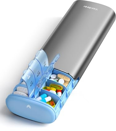 Vaydeer Pastillero semanal de 7 días (soporte 2 veces al día), pastillero de viaje de metal, gran capacidad, bonito pastillero diario para suplementos, píldoras, vitaminas y medicamentos (gris)