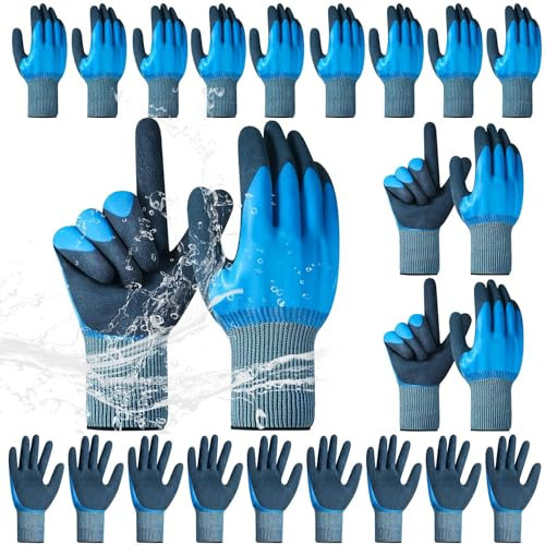 YFNVH 12 Pairs Waterproof Work Gloves, Fully Latex Coated Safety Glove for Men & Women, Grip Gardening Gloves Bulk for Cleaning Car Wash Fishing, Blue, XL