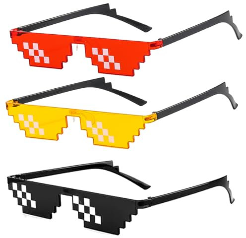 VOMZIKL Mosaik Sonnenbrille Coole Brille, 3 Stück Pixel Mosaik Brille, UV Schutz Sonnenbrillen, Pixel Sonnenbrille für Männer Frauen Kinder Foto Requisiten