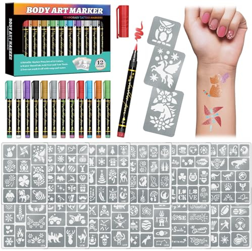 Temporary Tattoo Marker für Haut, 12 Metall Body Marker + 169 große Tattoo Schablonen für Kinder Erwachsene, flexible Pinsel Spitze, helle Farben, DIY Body Art Malerei