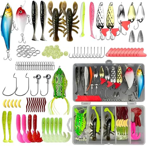 Angelzubehör Set, Afenau 107 Stück Angelköder Set mit Angelkasten, Angel Köder Box, Angelset Komplett Anfänger für Hecht Forelle Zander Barsch für Süß- und Salzwasser
