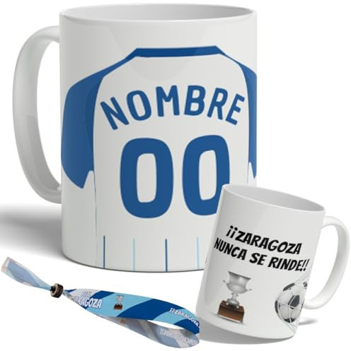 DEREGALOOS. Taza Personalizada Estilo Fútbol. Taza con Nombre y Número. Regalo Original para Aficionados.Fútbol Niños y Adultos. Pulsera de regalo. Diseño Inspirado en la 2ª División Zaragoza