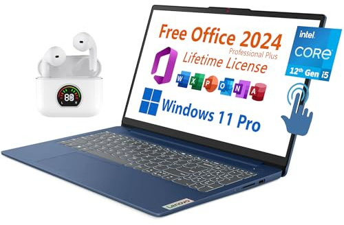 Lenovo 15.6 Laptop, Free Microsoft Office 2024 with Lifetime License, FHD Touchscreen, Intel 10-Core i5-1235U 4.4 GHz, WiFi 6, 8GB RAM, 512GB SSD, 7 hrs Battery Life, Windows 11 Pro, Toree Earbuds