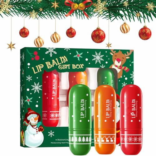Weihnachts Lippenbalsam Set,Weihnachten Lip Gloss Geschenkset,Hydrating Lip Balm Set,Moisturizing Lippenpflegestift,Lip Gloss Set,Geburtstagsgeschenk Weihnachtsgeschenke für Frauen Männer,3 Stück