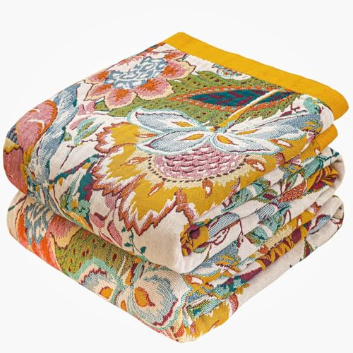 HOORDRY Doppelseitige Tagesdecke im Boho 230x250CM | Weiche aus 100% Baumwolle Sofadecke, Premium Stickereihandwerk Mit Blumenmustern Bettüberwurf, Dekorativ Sofa Überwurf