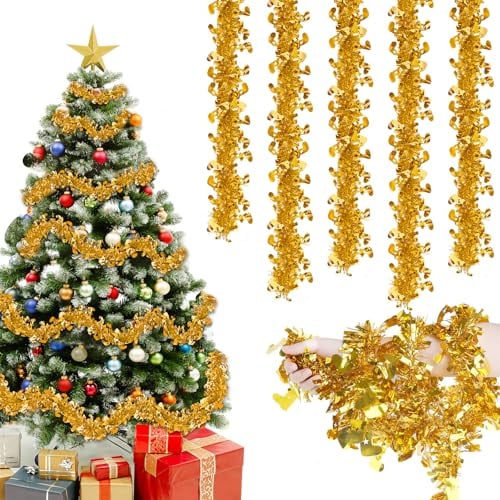 Joxessaien Lametta Weihnachtsbaum 8 Stück × 2 m – Weihnachtsgirlande 16 m Weihnachtsdeko Feine Lametta Girlande mit Glocken – Christbaum Deko für Innen & Außen (Gold)