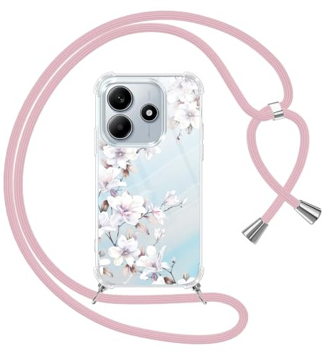Yoedge Funda con Cuerda para Xiaomi Redmi Note 14 5G 6,67, Transparente Carcasa Dibujos Flores Case con Correa Colgante Collar Correa Cuello, Silicona TPU + PC Antichoque Cover per Redmi Note 14,05