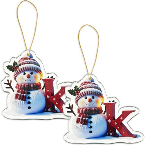 FAMINESS 2PCS 2D Acrylic Letter K Snowman Christmas Ornaments - 26 Alphabet Tree Decorations Hanging Ornaments for Party Gifts