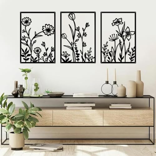 YiYa 3 Pcs Black Metal Wall Art Metal Flower Wall Decor Floral Line Hanging Wall Sculpture Minimalist Line Art Modern Aesthetic for Home Bedroom Kitchen Living Room(Daisy)