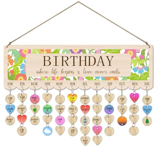 arricraft Kalender Geburtstagskalender Holz, Frühlingsblumen Hängend Familien-Geburtstagstafel mit 100 Holz Tags Erinnerung Familie und Freunde Kalender für Schlafzimmer, Büro