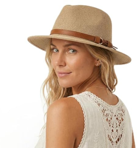FREEBIRD99 Unisex Wide Brim Straw Panama Fedora Hat Summer Beach Sun Hat for Men Women