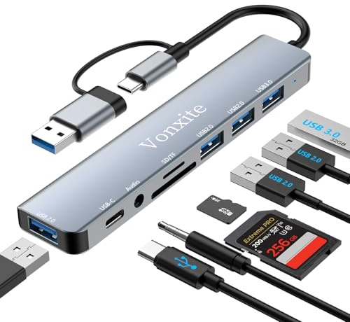 USB C Hub, 8 in 1 USB Hub 3.0 Multiport Adapter mit 1*USB 3.0 mit 5 Gbit/s, 3*USB 2.0, 1*USB-C, 3.5mm Audio, SD/TF Kartenleser, USB C Splitter Aluminium für MacBook/Surface/XPS/PC/Laptops/Tablet etc.