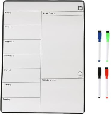 Relaxdays Speiseplan Wochenplaner, HxB: 42 x 30 cm, magnetisch, weiß | abwischbar, 4 Marker, Whiteboard für Kühlschrank