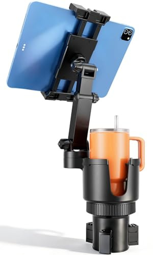 OHLPRO Cup Holder Tablet Mount for Car, Anti-Shake iPad Stand with Drink Holder Fits 5-17 iPad, Tab S10, iPhone, Heavy Duty Truck Vehicle Auto Accessories, Dual Handle Slots Large Mugs