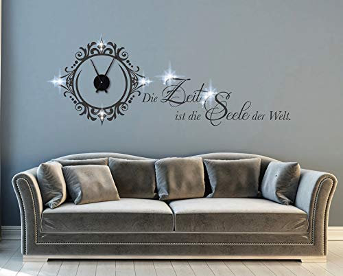 tjapalo® pkm502 Wohnzimmer Wanduhr Wandsticker Wandtattoo Wandspruch Die Zeit ist die Seele der Welt Wandtattoo Uhr mit Uhrwerk, Farbe: dunkelgrau, Größe: B90xH40cm (+ Uhrwerk silber)