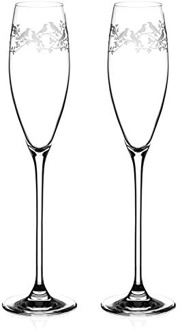 DIAMANTE Champagne Flutes Crystal Prosecco Glasses Pair with ‘Birdsong’ Collection Delicate Filigree Etched Crystal Design - Set of 2