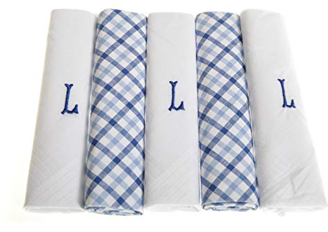 Herren Taschentücher mit Initialen bestickt mit Satin-Bordüre und blauen karierten Handtaschen, verschiedene Buchstaben, 5 Stück Gr. 5 Pack, L
