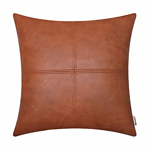 BRAWARM Hochwertiger Kissenbezug für Sofa, Couch, Heimdekoration, einfarbig, luxuriöses Kunstleder, handgenäht, 55cm x 55cm Cognac