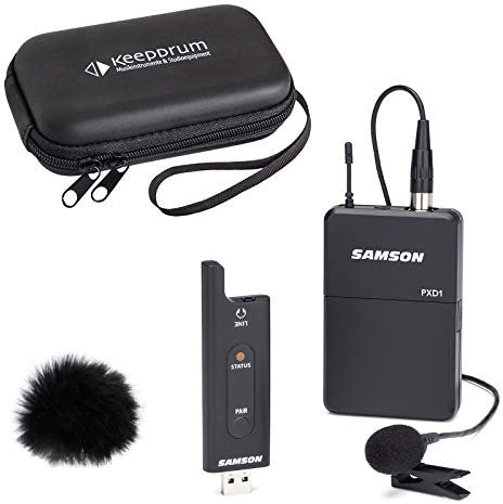 Samson XPD2 - Sistema wireless USB con microfono lavalier, protezione antivento in pelliccia Keepdrum + custodia morbida Keepdrum
