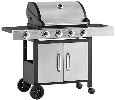 Outsunny Gas Barbecue Grill 4+1 Burner Garden Smoker BBQ Trolley w/Side Burner Warming Rack Side Shelves Storage Cabinet Piezo Ignition Thermometer Stainless Steel + Metal