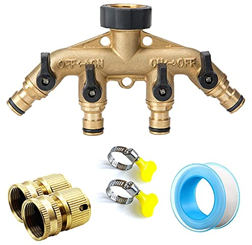 JasCherry Distributore 4 Vie Acqua, Connettore per Tubo in Ottone a 4 Vie, Splitter Tubo da Giardino Regolabile con Valvola Separata per Rubinetto Filo da Giardino 3/4'', Irrigazione, Pulizia