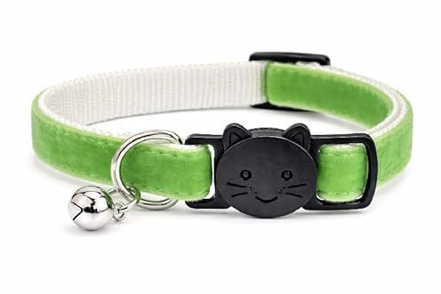 Velvet Cat Collars with Bell | Quick Safety Release Breakaway Buckle | Handmade in the UK | Available in Cat & Kitten Size | Apple Green