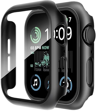 Smiling 2 x Schutzhülle aus gehärtetem Glas, kompatibel mit Apple Watch SE 2/SE/Serie 6/Serie 5/Serie 4, 44 mm, harte PC-Hülle, Gesamtschutzabdeckung, Schwarz