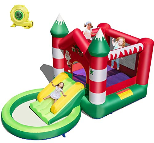 GYMAX Kids Bouncy Castle, Inflatable Jumping House with Slide, Round Ball Pit Pool & Carry Bag, Children Bounce Playhouse for Outdoor Indoor (Christmas Themed with 480W Blower)