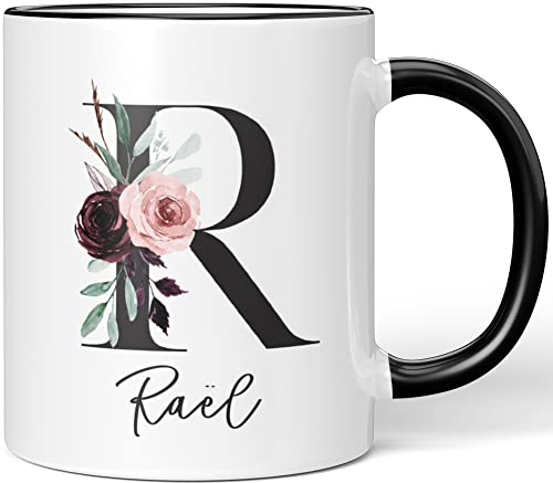 JUNIWORDS Tasse, Raël, Name Anfangsbuchstabe Initial Alphabet Floral Buchstabe R Monogramm Motiv, Schwarz (5596343)