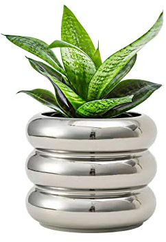 SANDYBAYTAS Keramik-Blumentopf für den Innenbereich, 11,9 cm (4,7 Zoll) mit Ablaufloch, Keramik-Blumentopf mit kl, zur Dekoration von Zuhause und Büro (Silber)