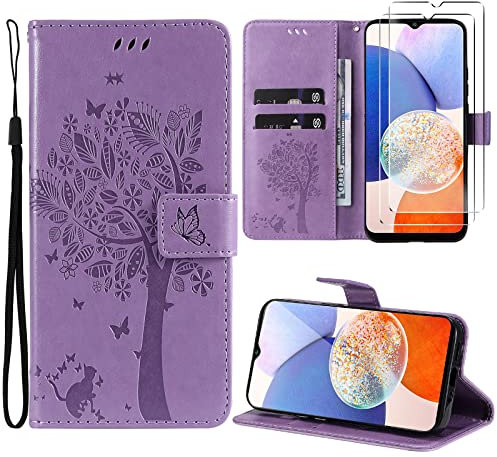 Oududianzi - Cover per Samsung Galaxy A14 4G / 5G Libro [2X Vetro Temperato] Libro Flip Portafoglio Custodia Pelle PU Silicone TPU Antiurto [Slot Schede] [Chiusura Magnetica] [Funzione Stand] - Viola