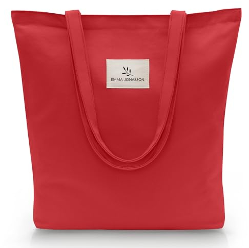Emma Jonasson Jutebeutel mit Reißverschluss - Stilvoller Shopper Damen mit Innentasche - Einkaufstasche mit langem Henkel - perfekte Tasche als Tote bag, Schultertasche, Stofftasche groß rot
